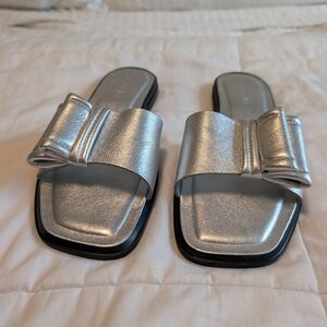 M. Gemi Silver Slide Sandals with Bow